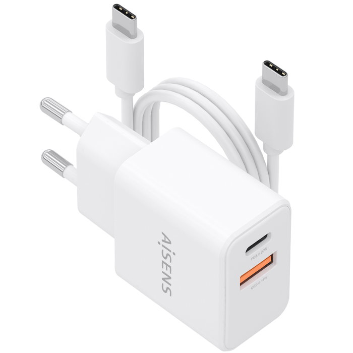 Aisens Cargador GaN 20W con Cable USB-C 1m, Blanco